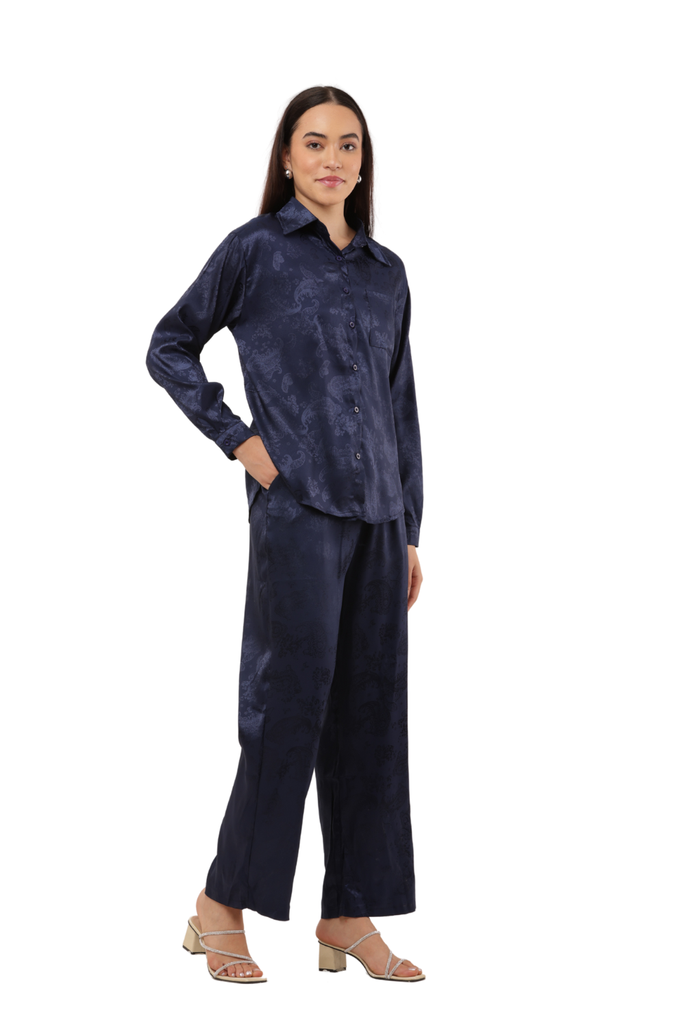Elegant Satin Paisley Shirt and Trouser Co-ord Set