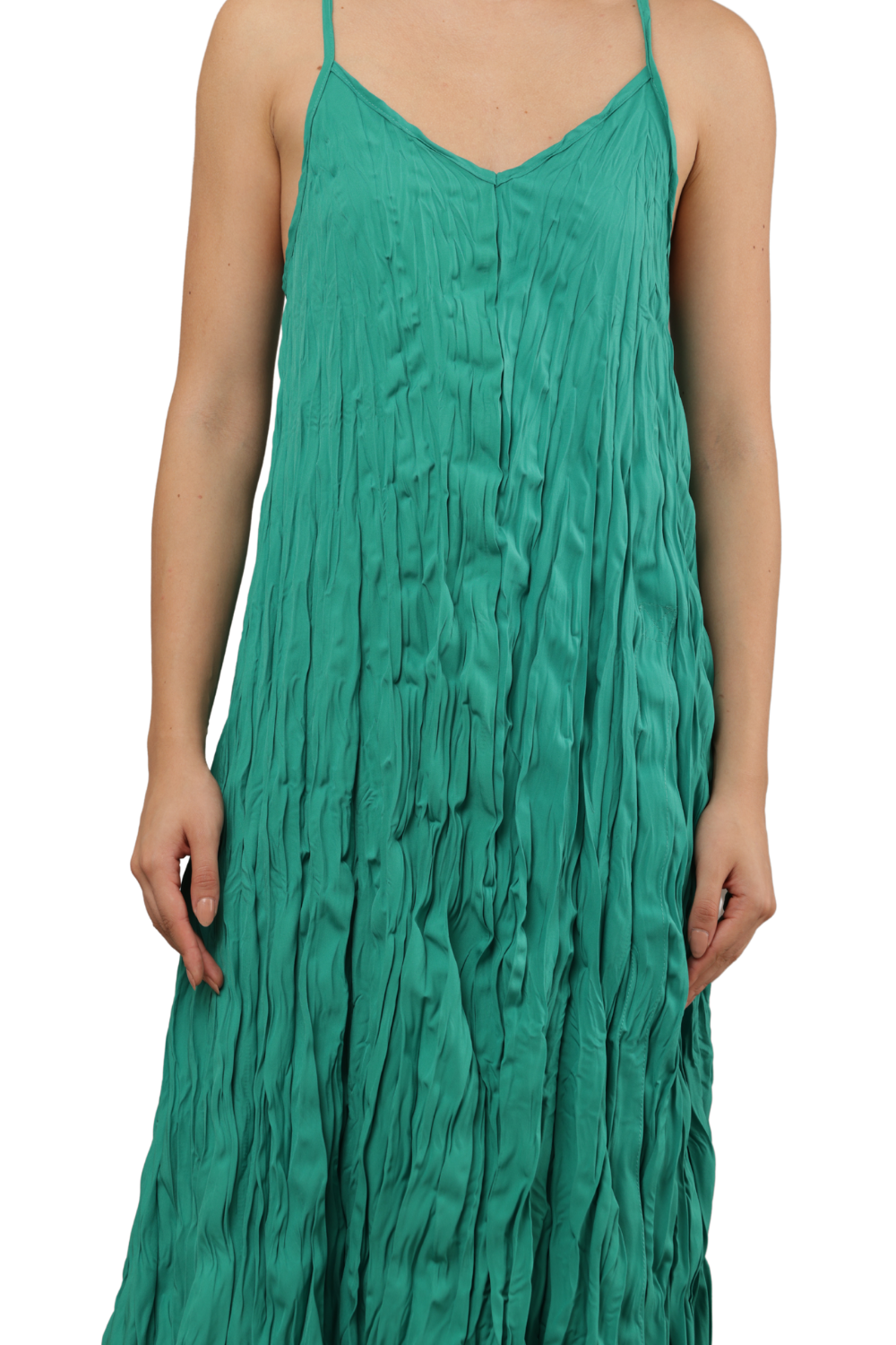 Korean Fashion Crinkled Spaghetti Strap Midi Dress Free Size – Teal | Korean Clothes