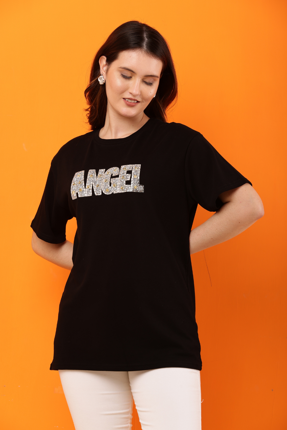 Korean Fashion White "ANGEL" Sequin Embellished T-Shirt for Women