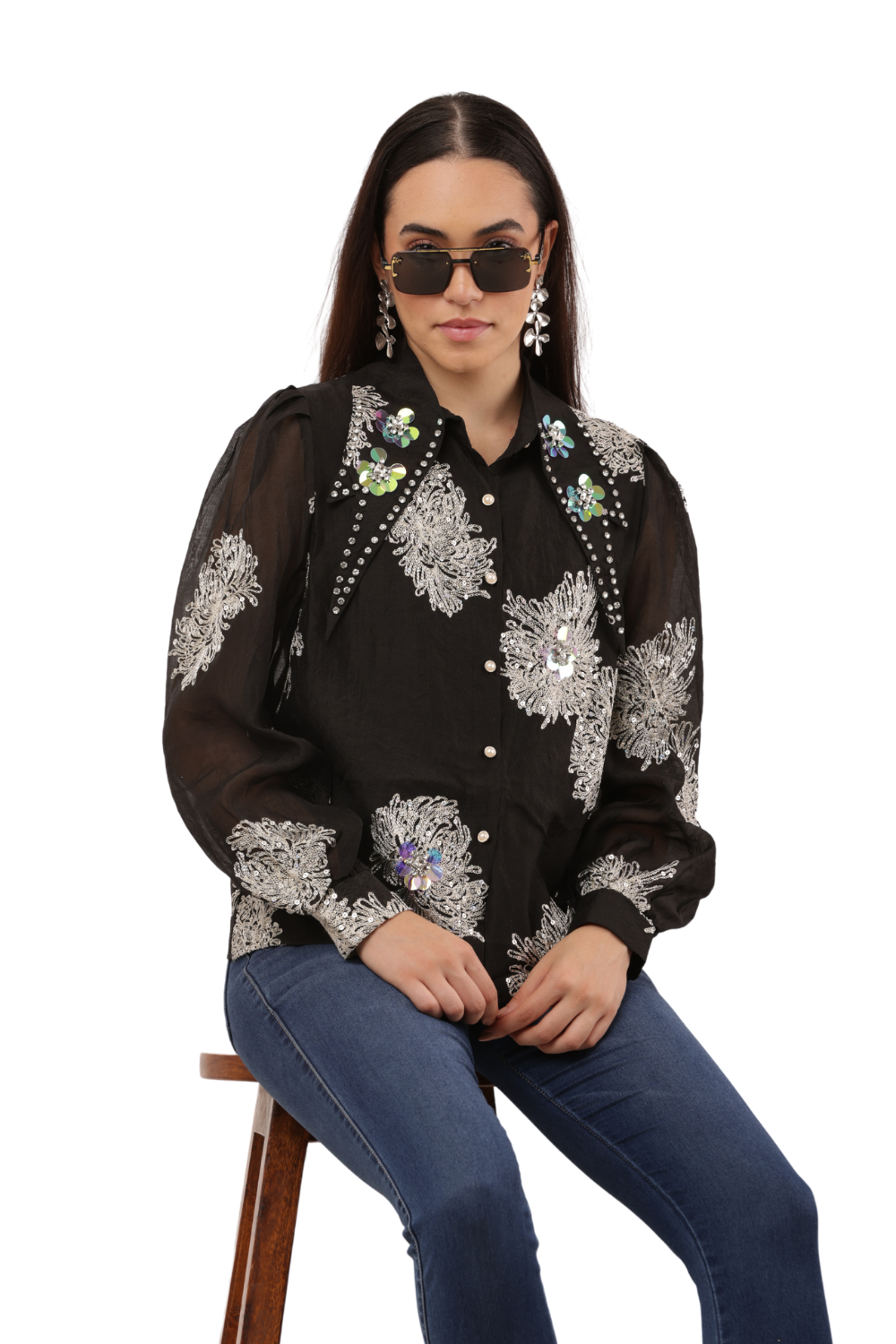 Embroidered Sheer Shirt with Floral Sequins Free Size – Korean Fashion