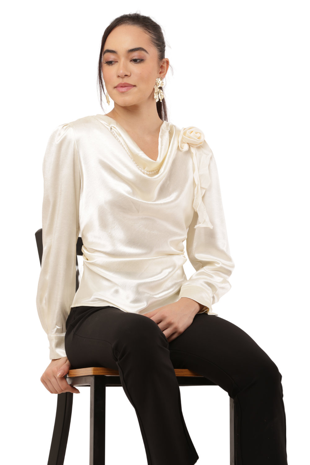 Elegant Draped Shoulder Detail Korean Silk Chiffon Shirt