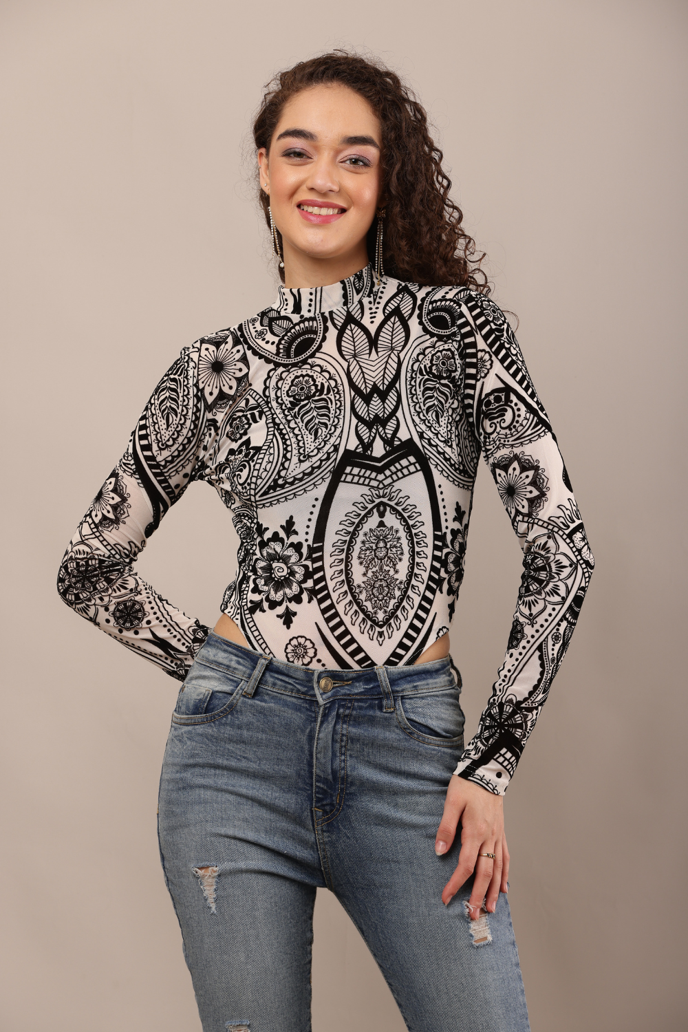 Korean Fashion Sheer Lace Long Sleeve Bodysuit for Women