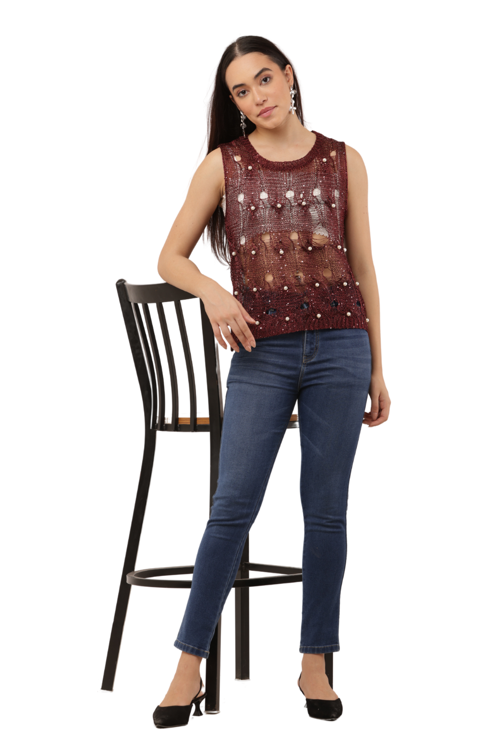 Sequin Embellished Open-Knit Mesh Top Free Size with Crisscross Back Tie