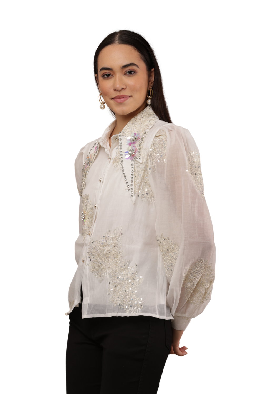 Embroidered Sheer Shirt with Floral Sequins Free Size – Korean Fashion