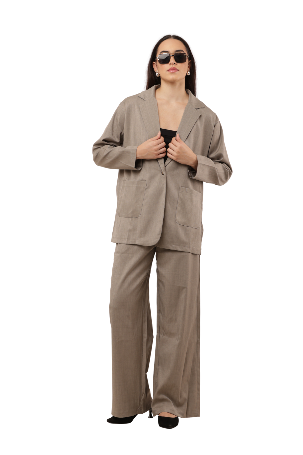 Elegant Blazer & Wide-Leg Pant Co-ord Set Free Size – Korean Fashion