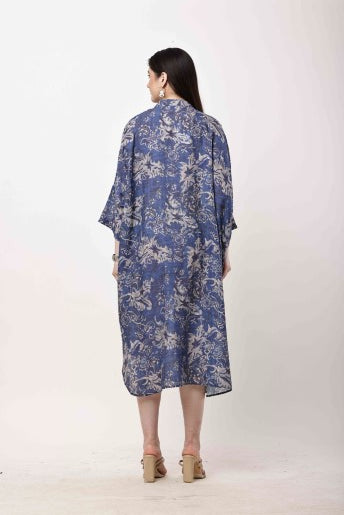 Blue Floral Kaftan Dress Women Oversized Midi Dress