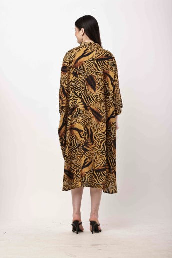 Tiger Print Kaftan Dress Women Oversized Midi Dress