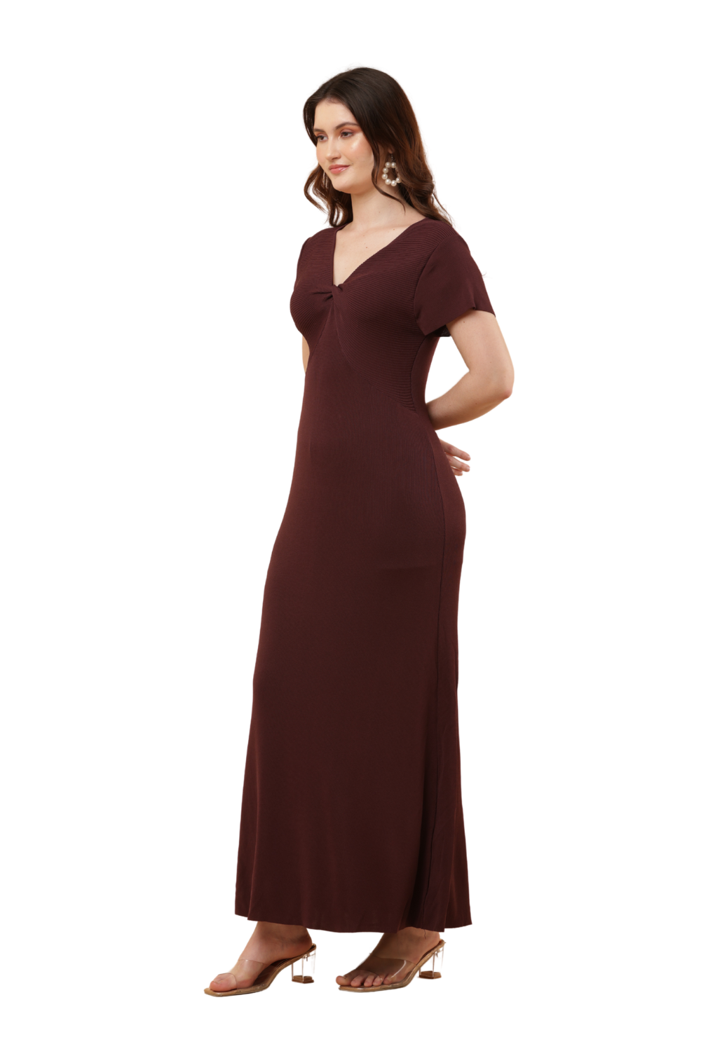 Twist-Front Ribbed Maxi Dress Free Size – Korean Bodycon Style