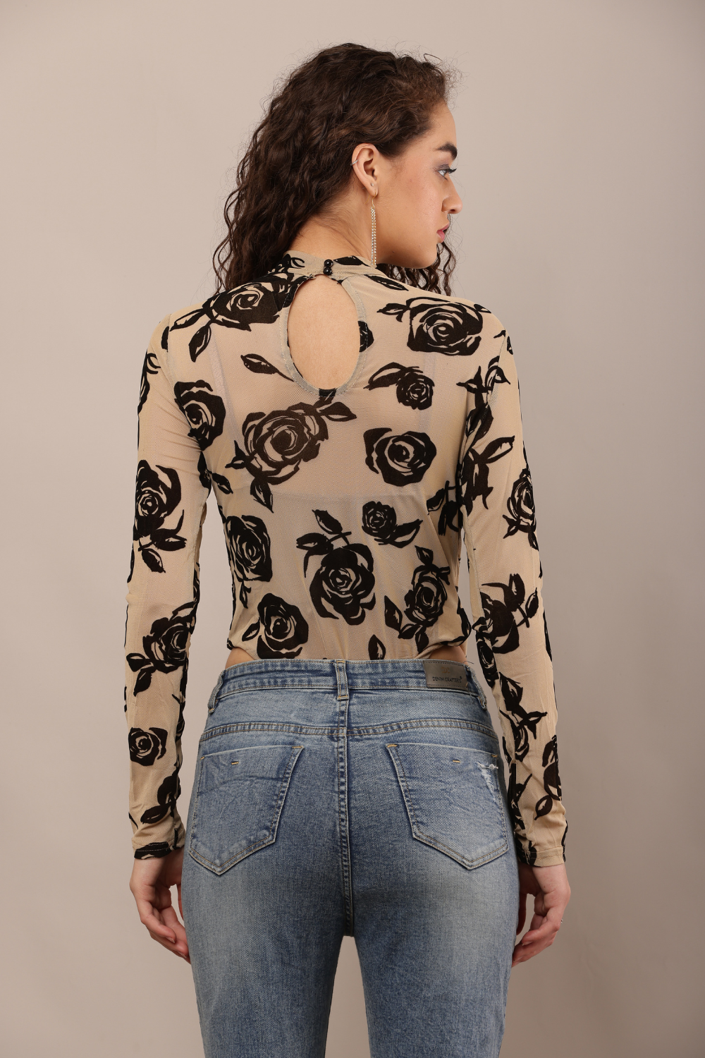 Korean Fashion Sheer Lace Long Sleeve Bodysuit for Women