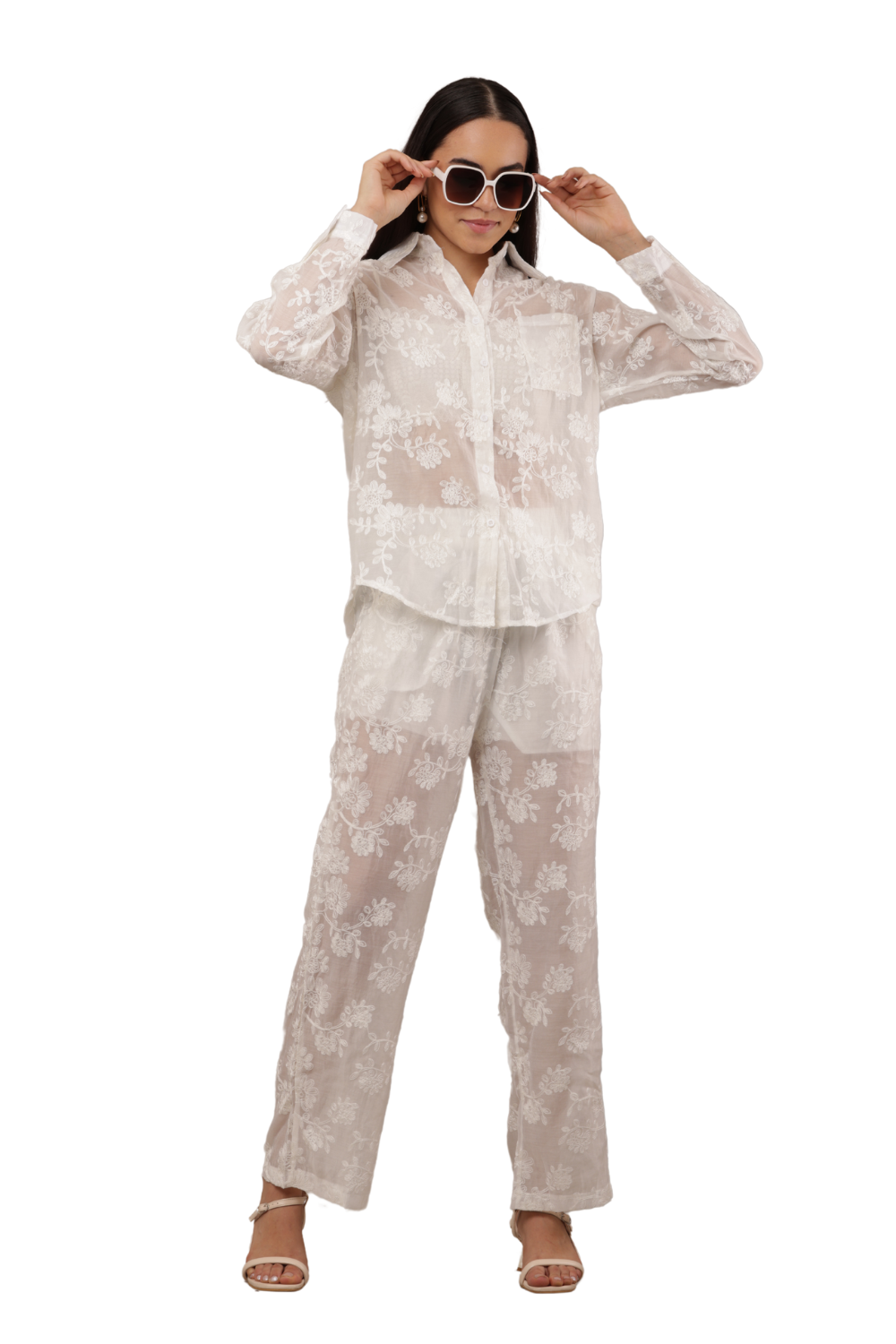 Sheer Embroidered Co-ord Shirt & Trouser Set