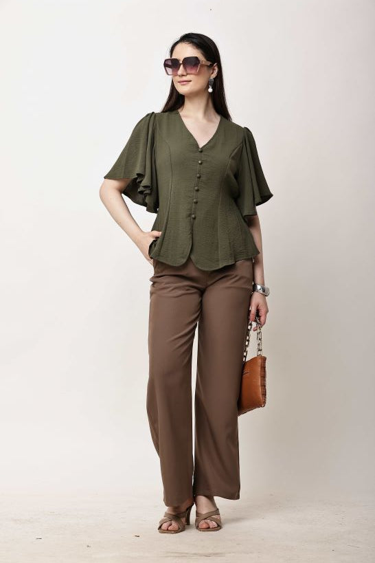 Olive Green Women Top Flutter Sleeve Elegant Blouse