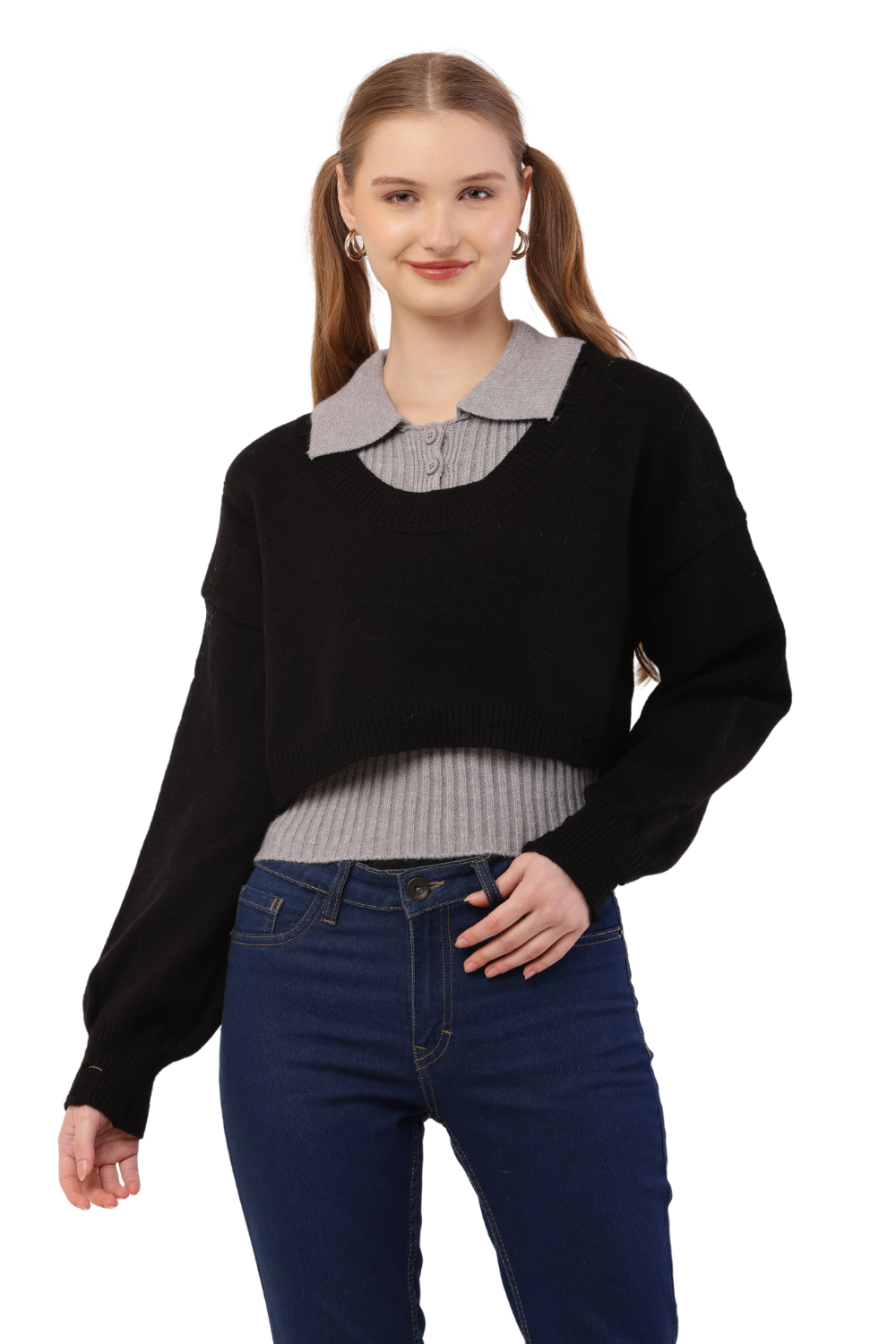 Layered Cropped Knit Sweater & Shirt Combo