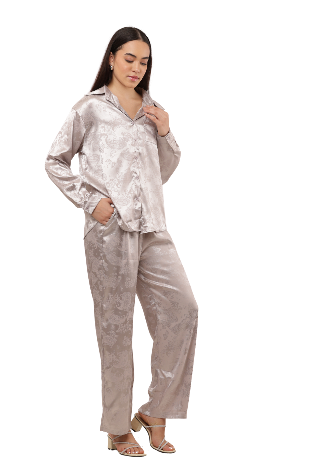 Elegant Satin Paisley Shirt and Trouser Co-ord Set