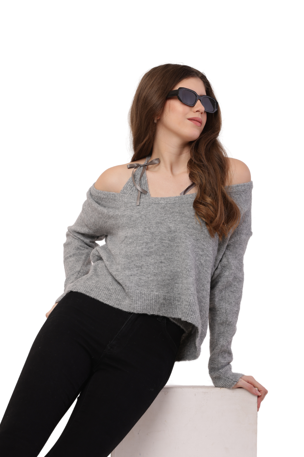 Korean Style Off-Shoulder Knit Sweater with Ribbon Tie Detail