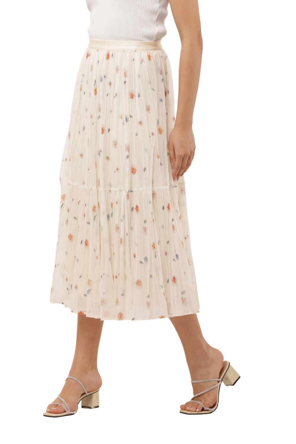 Floral Pleated Mesh Midi Skirt – High Waist, Lined, Lightweight | Korean Long Skirt