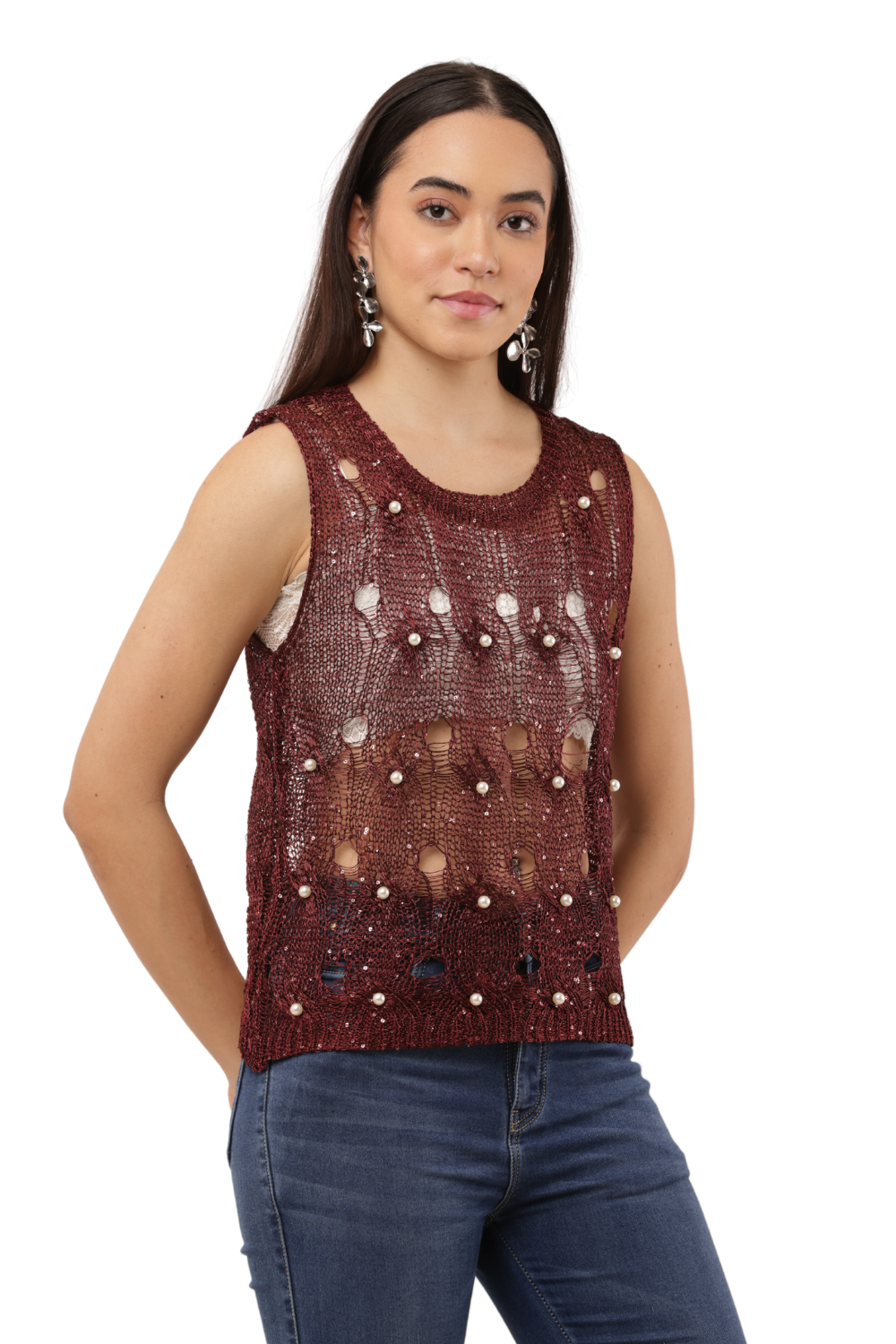 Sequin Embellished Open-Knit Mesh Top Free Size with Crisscross Back Tie