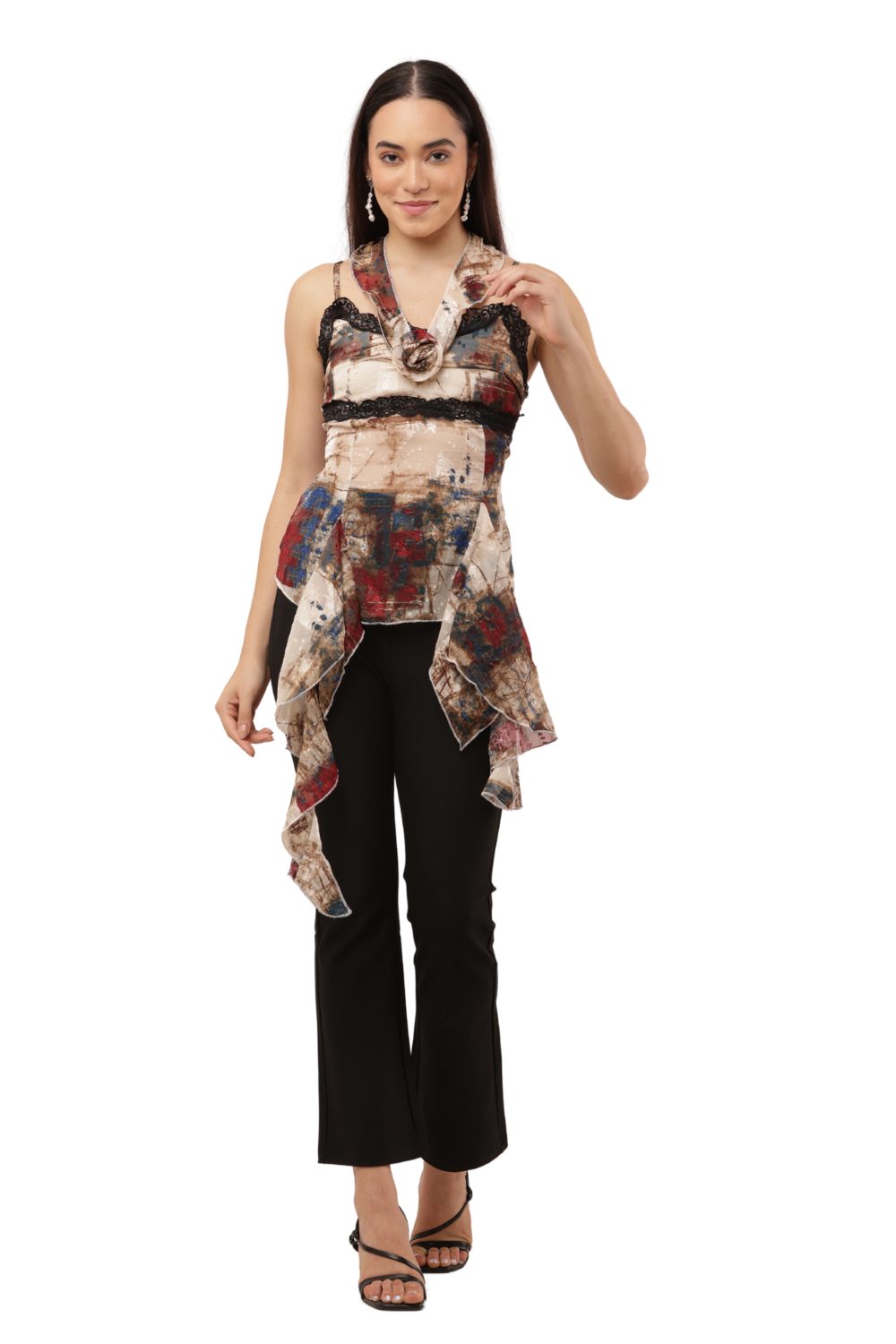 Vintage Abstract Lace-Trim Ruffle Top Free Size with Front Rose Detail