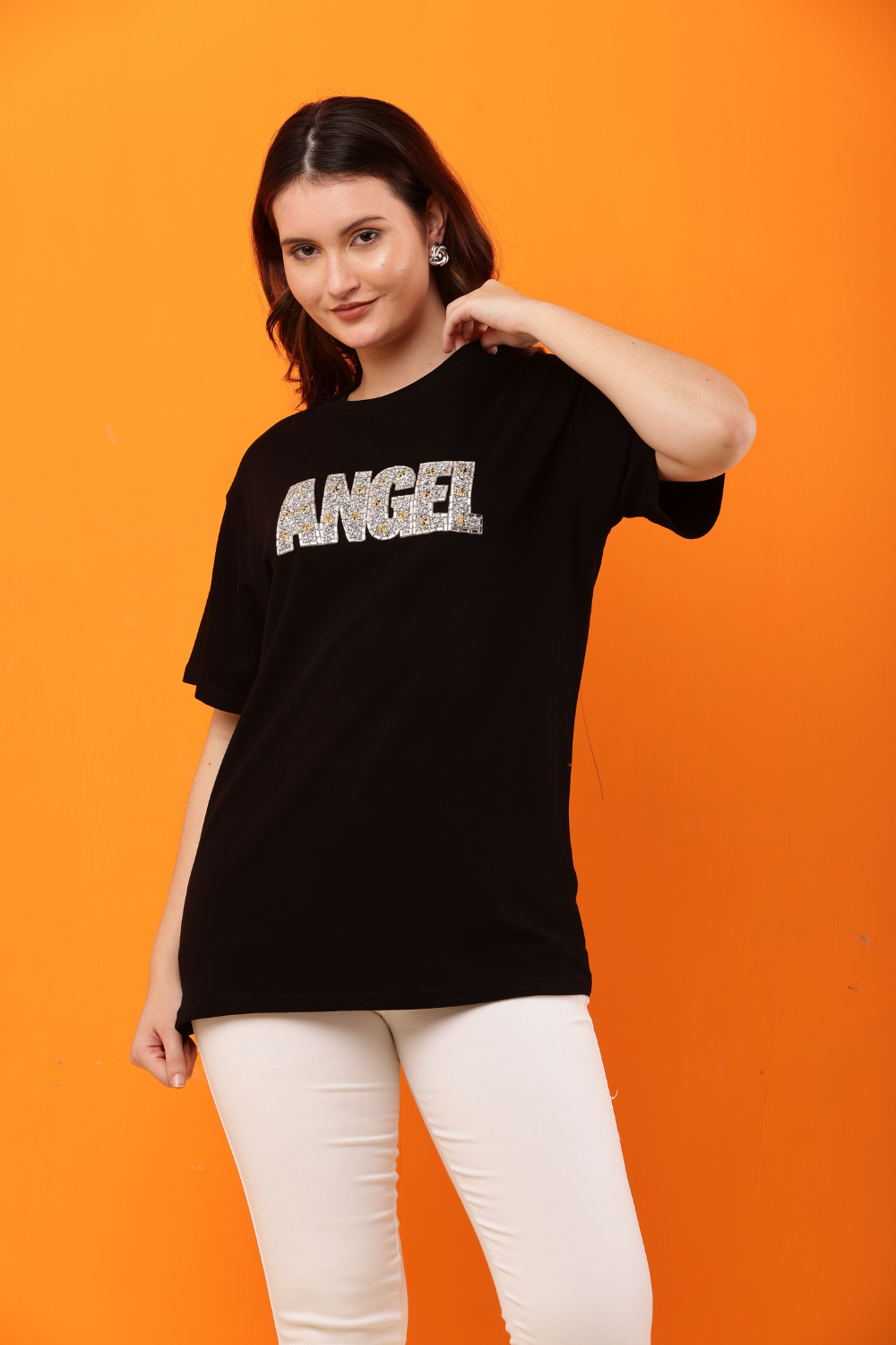 Korean Fashion White "ANGEL" Sequin Embellished T-Shirt for Women