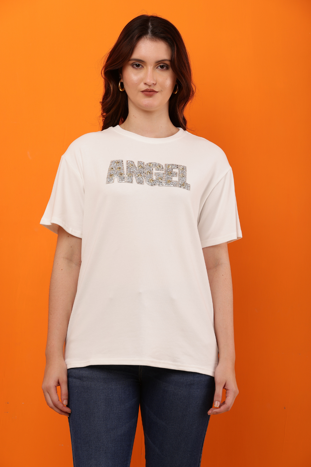 Korean Fashion White "ANGEL" Sequin Embellished T-Shirt for Women