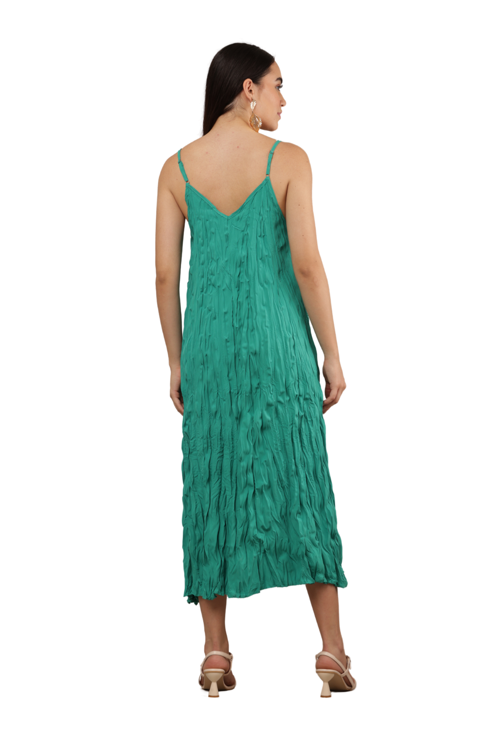 Korean Fashion Crinkled Spaghetti Strap Midi Dress Free Size – Teal | Korean Clothes
