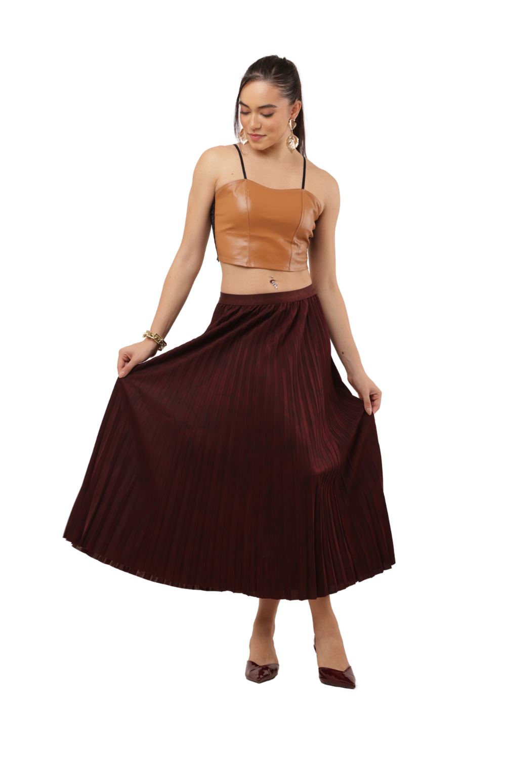 Elegant High-Waisted Pleated Midi Skirt for Women