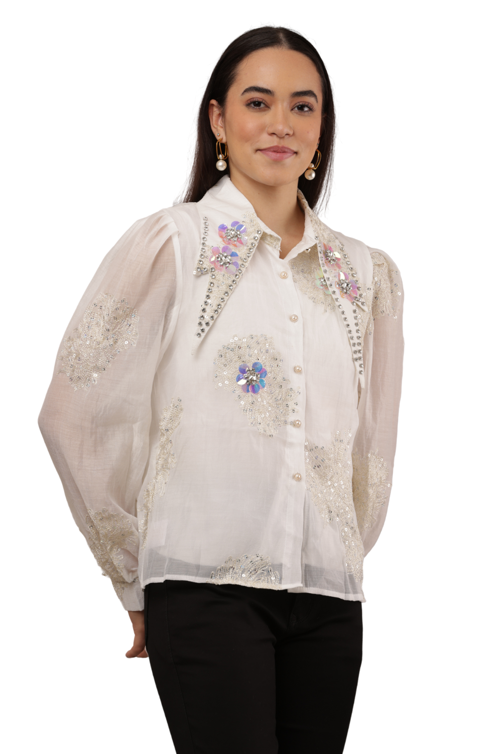 Embroidered Sheer Shirt with Floral Sequins Free Size – Korean Fashion