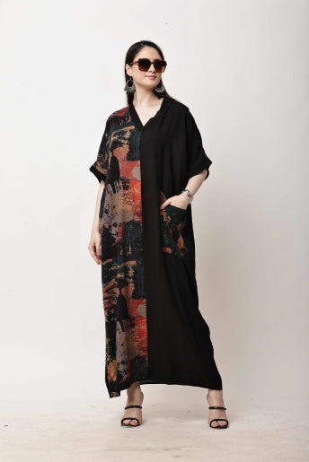 Black Printed Kaftan Dress for Women | Eid & Ramadan Festive Wear