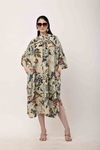 Beige Floral Kaftan Dress | Oversized Korean Style Outfit for Women