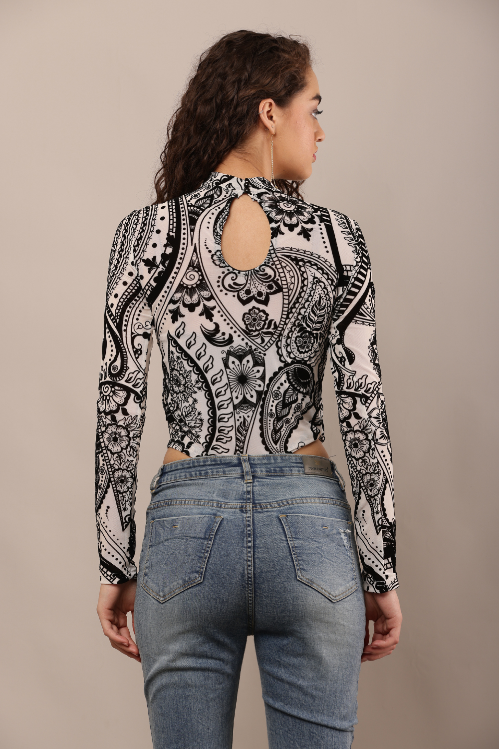 Korean Fashion Sheer Lace Long Sleeve Bodysuit for Women