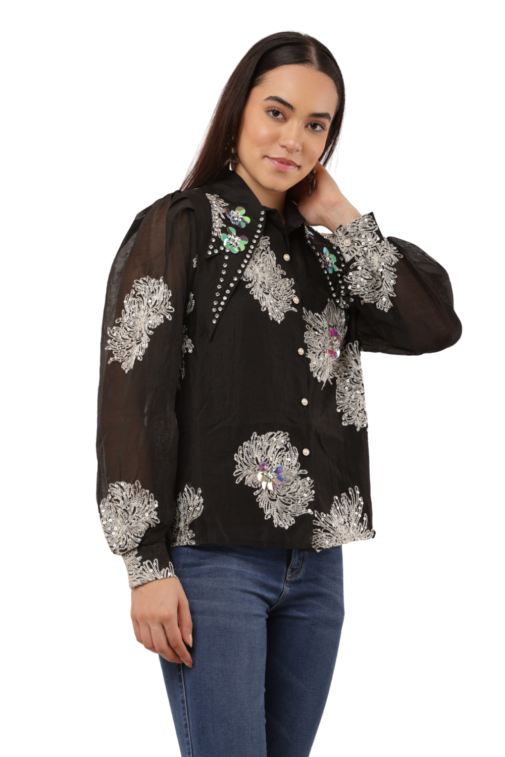 Embroidered Sheer Shirt with Floral Sequins Free Size – Korean Fashion