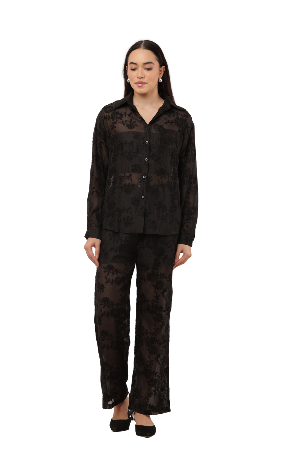 Sheer Embroidered Co-ord Shirt & Trouser Set