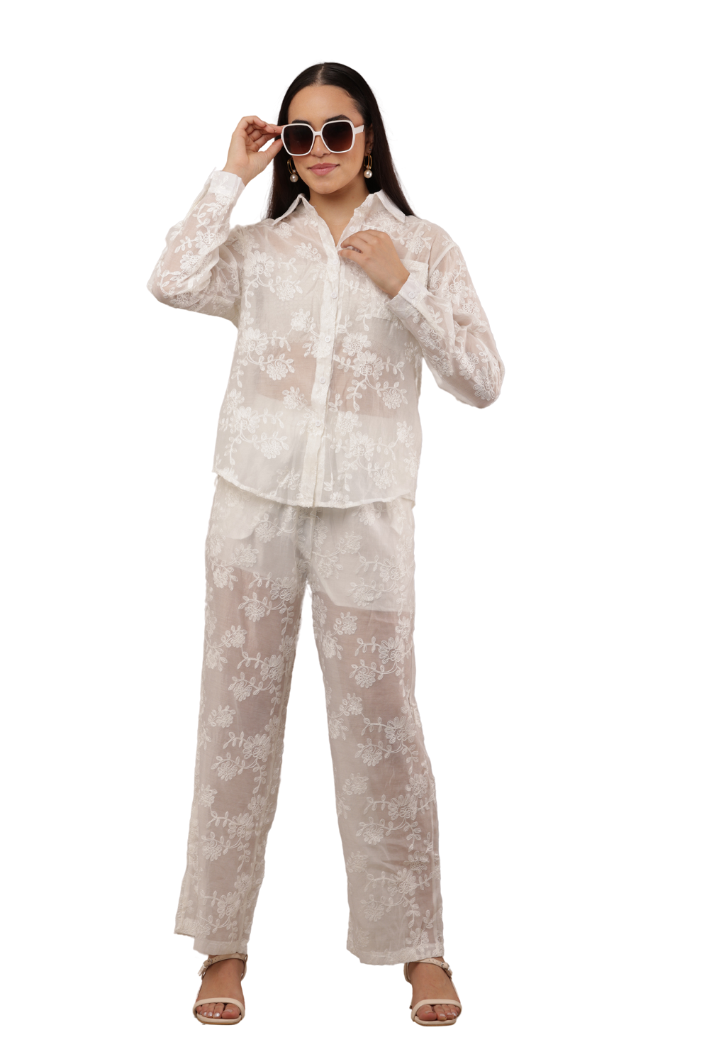 Sheer Embroidered Co-ord Shirt & Trouser Set