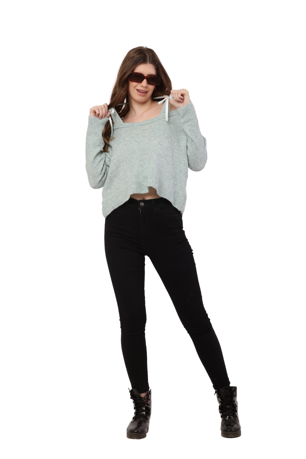 Korean Style Off-Shoulder Knit Sweater with Ribbon Tie Detail