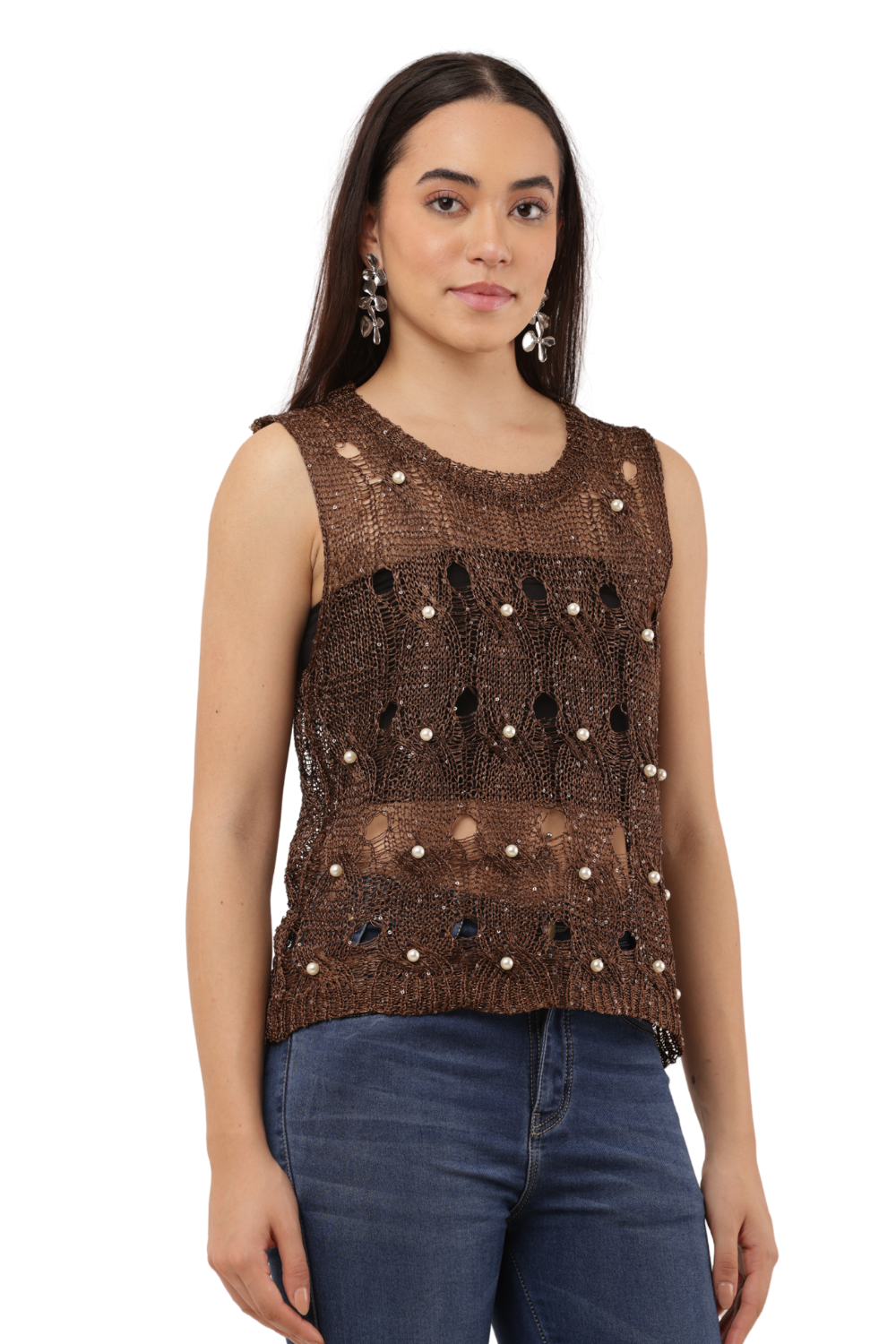 Sequin Embellished Open-Knit Mesh Top Free Size with Crisscross Back Tie