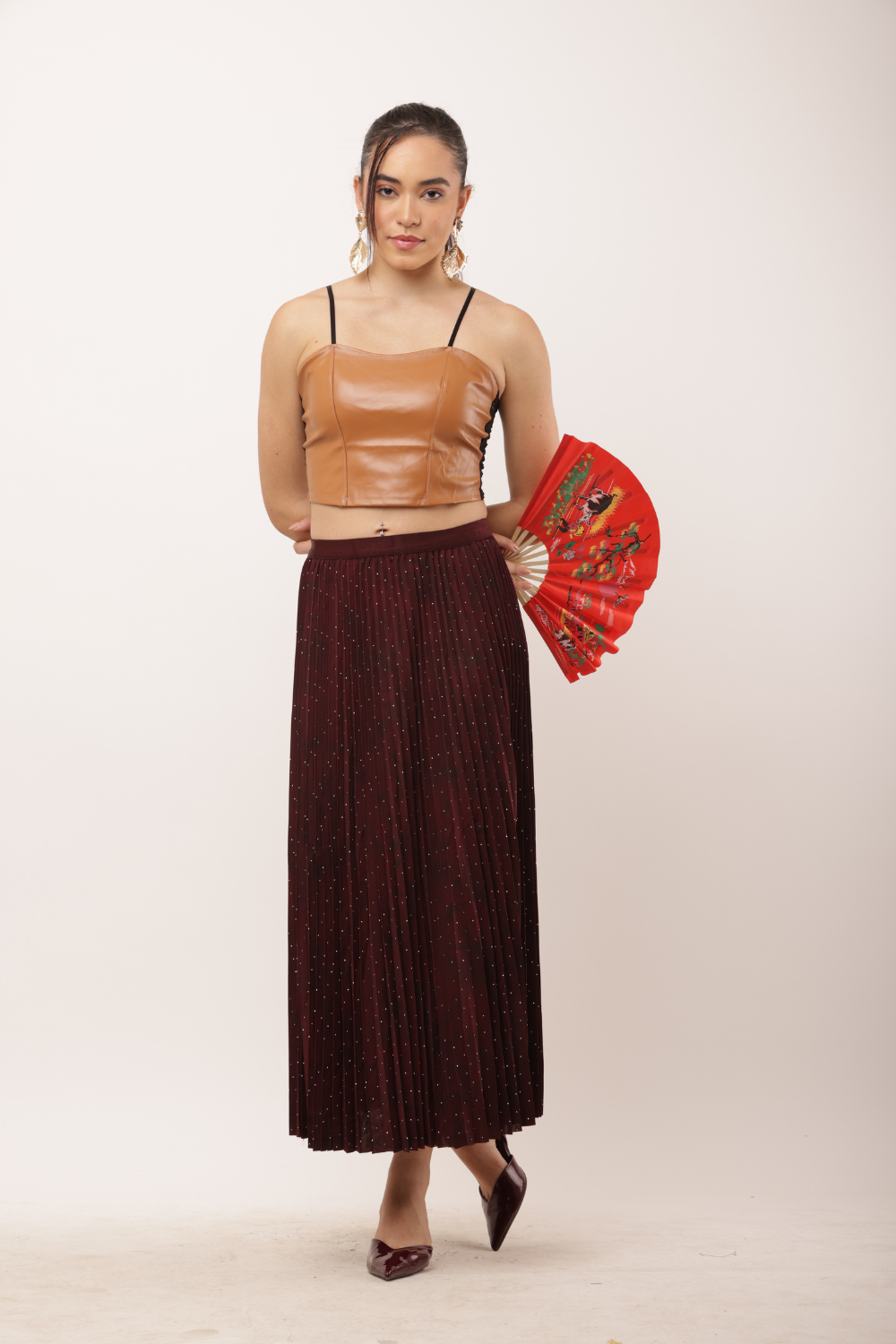 Pleated Midi Skirt with Glitter Detailing – Korean Fashion Style