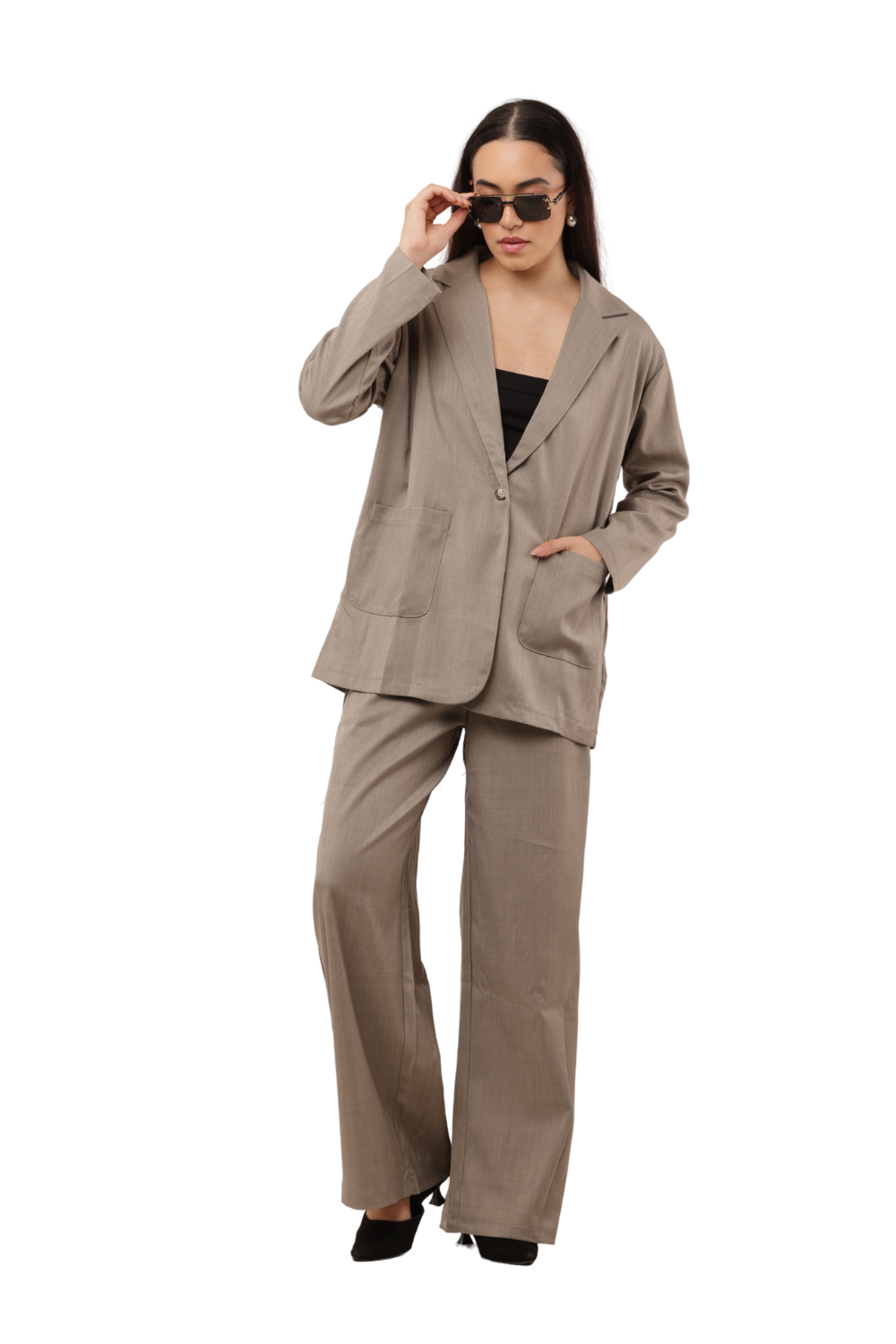 Elegant Blazer & Wide-Leg Pant Co-ord Set Free Size – Korean Fashion