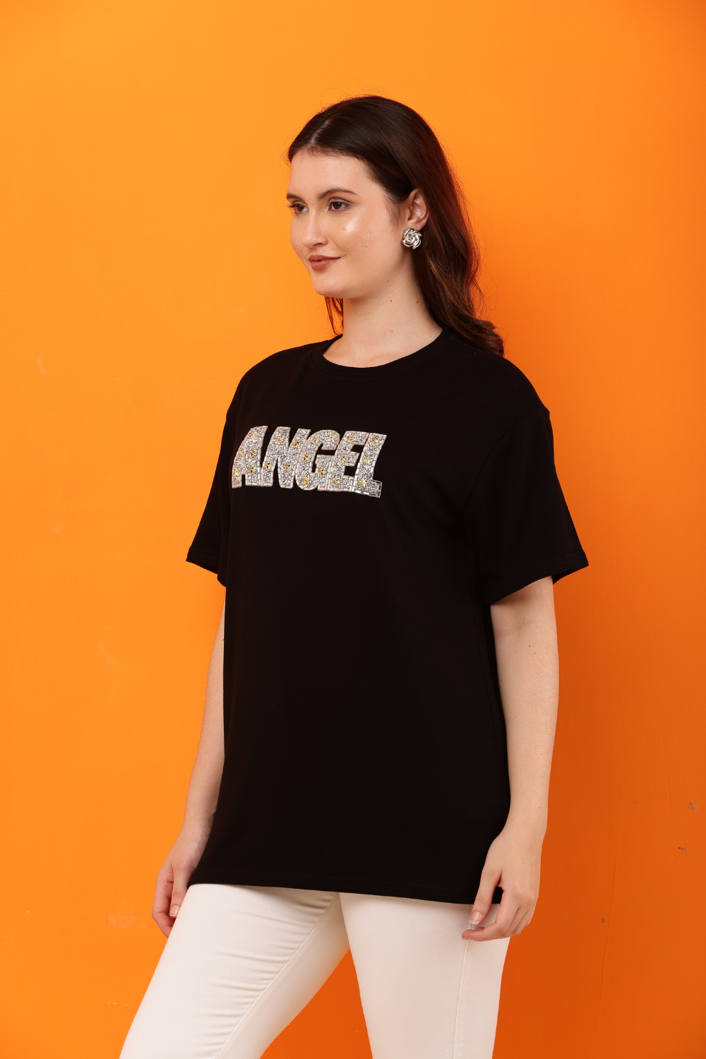 Korean Fashion White "ANGEL" Sequin Embellished T-Shirt for Women