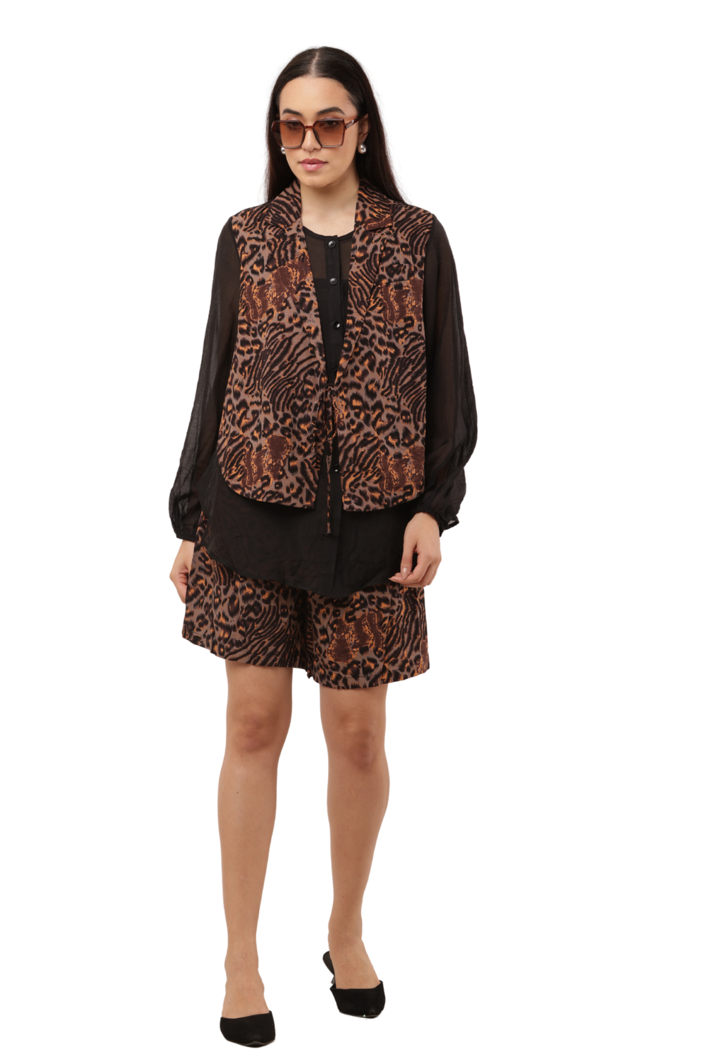 Leopard Print Vest & Shorts Set Free Size with Sheer Black Blouse – Korean Fashion Style