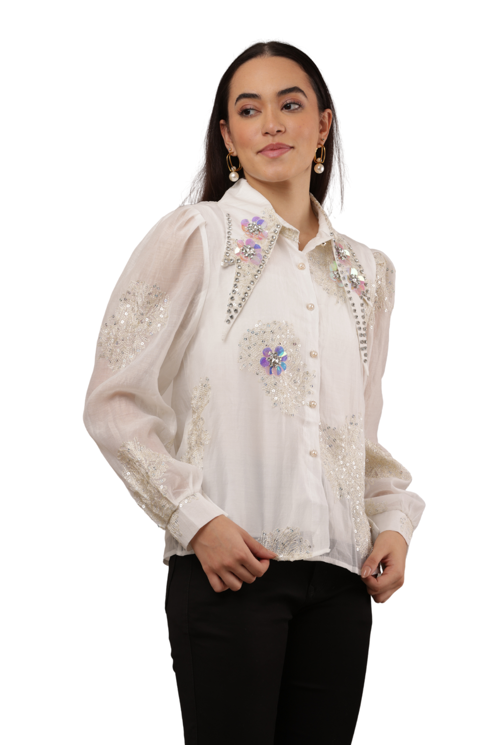 Embroidered Sheer Shirt with Floral Sequins Free Size – Korean Fashion