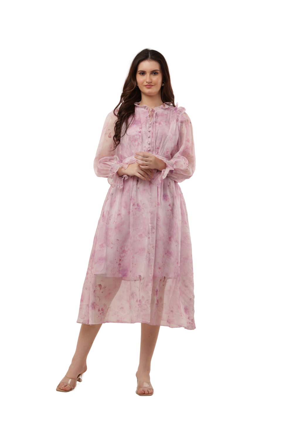 Elegant Floral Ruffle Midi Korean Dress – Sheer Organza | Korean Fashion Clothes