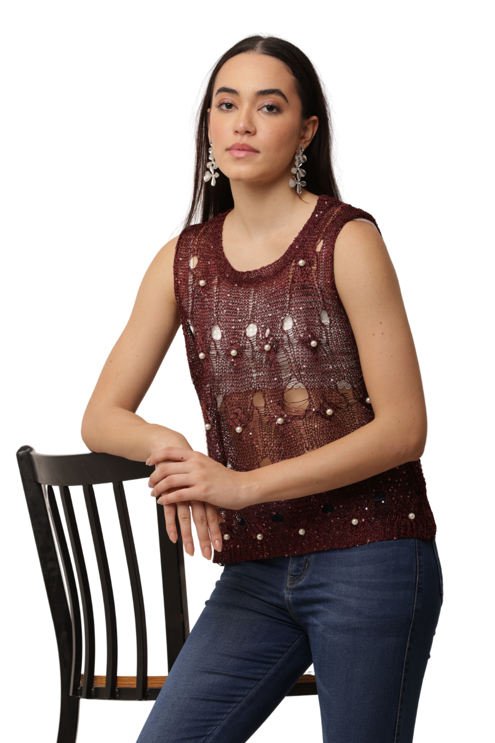 Sequin Embellished Open-Knit Mesh Top Free Size with Crisscross Back Tie
