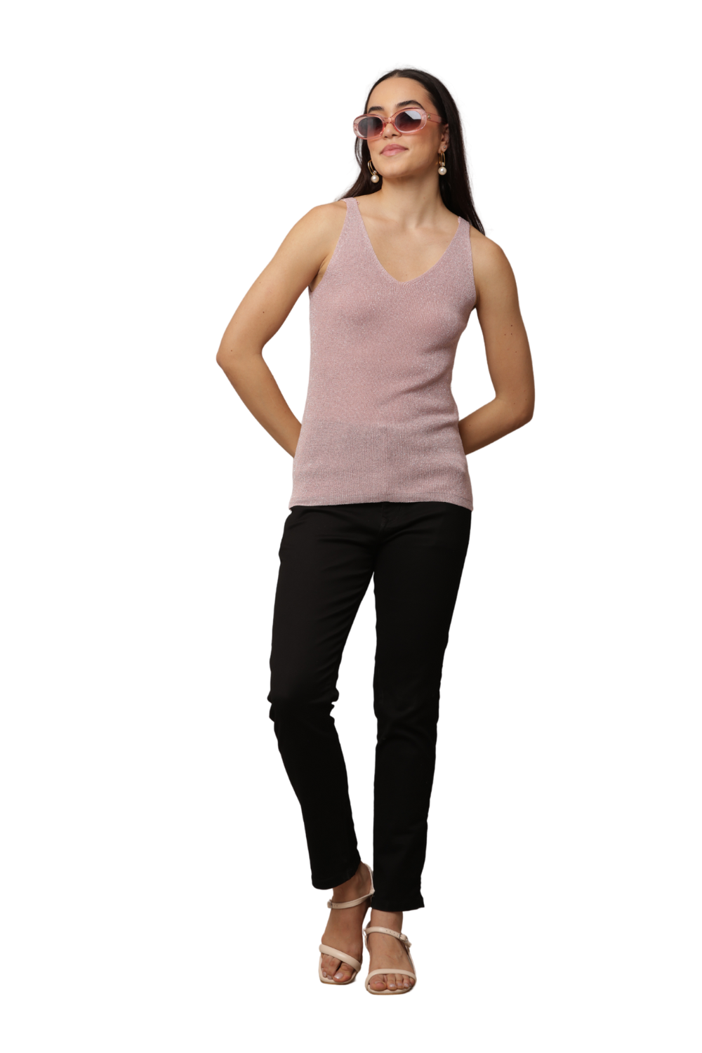 ✨ Shimmer Knit Sleeveless Top – V-Neck Style