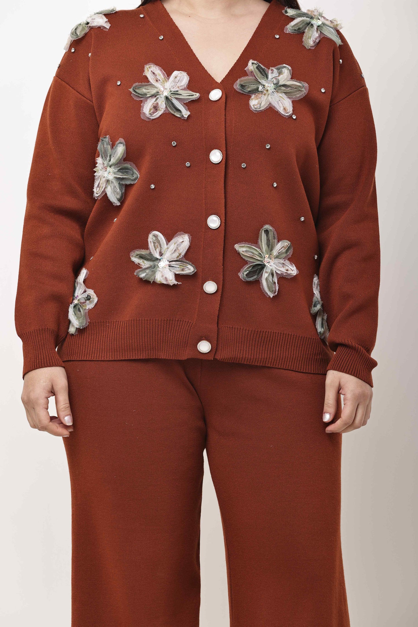 Floral Embellished Knit Co-Ord Set for Women | Winter Buttoned Cardigan & Wide Leg Pants