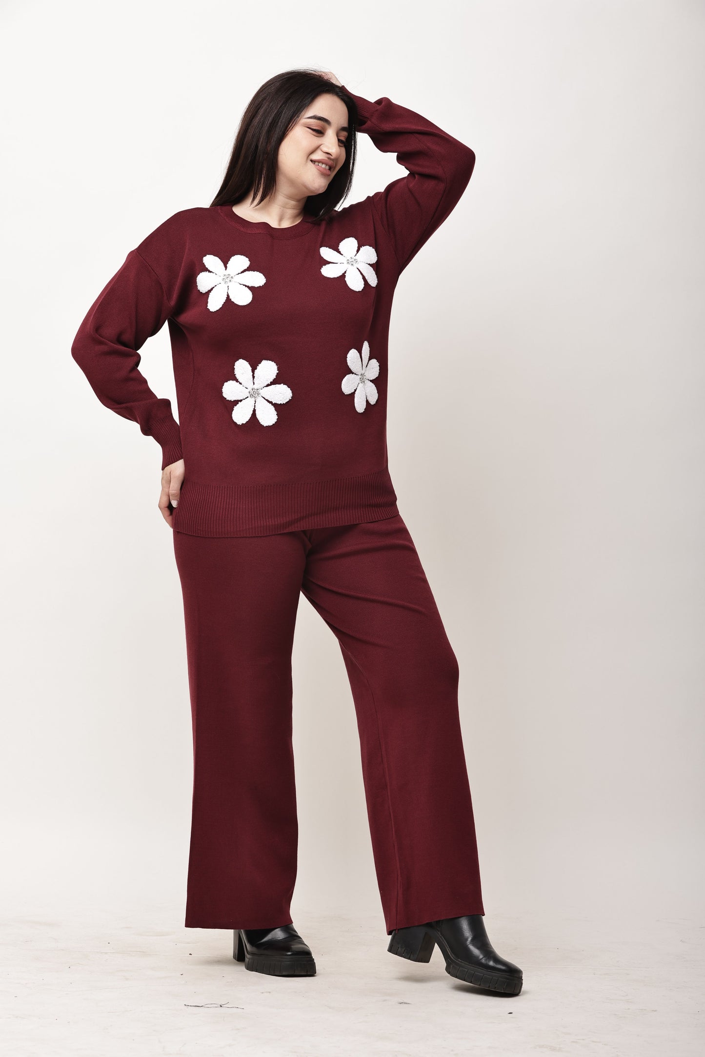 Korean Floral Motif Knit Co-Ord Set for Women | Winter Top & Wide Leg Pants