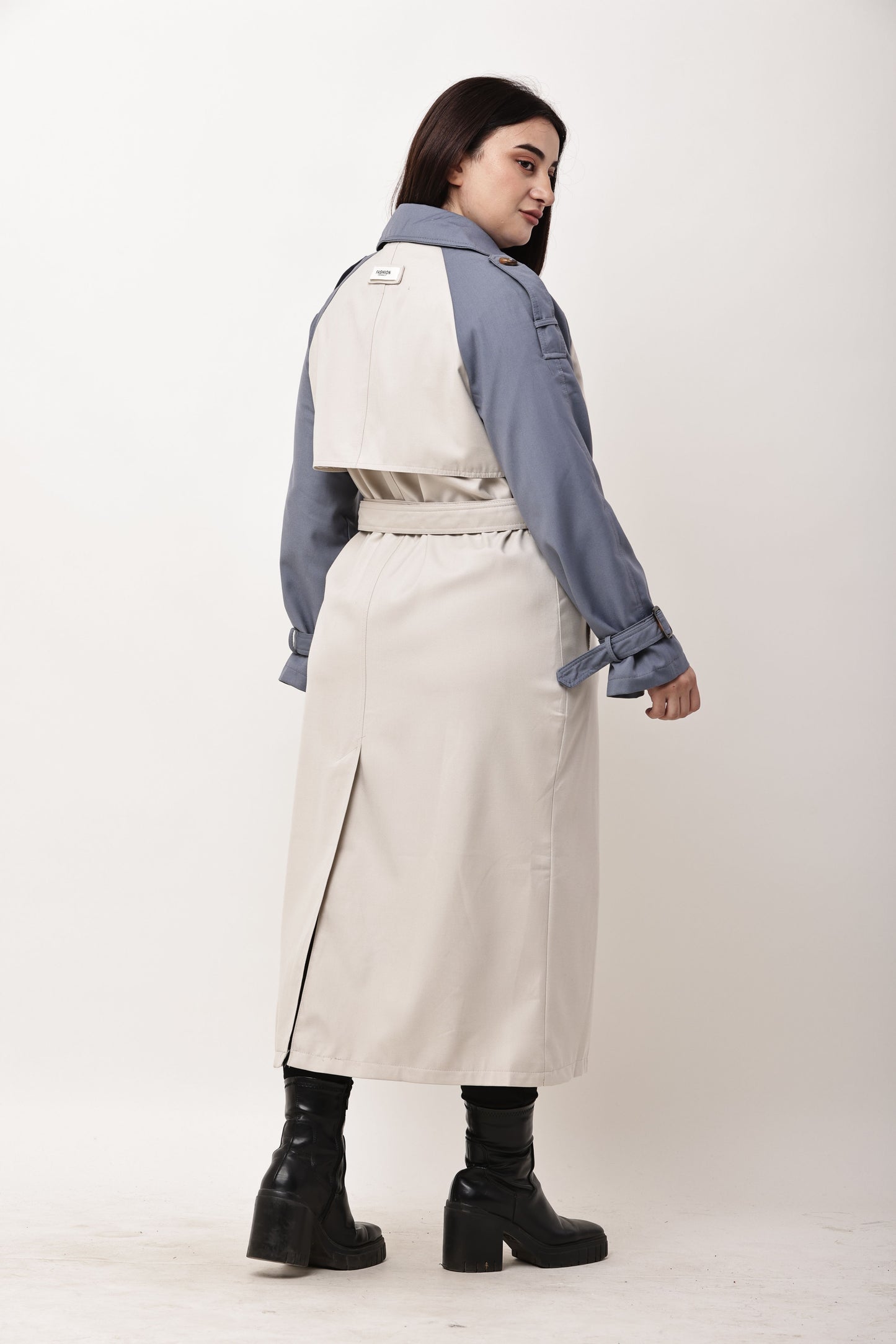 Beige Faux Leather Long Trench Coat for Women | Belted Winter Coat