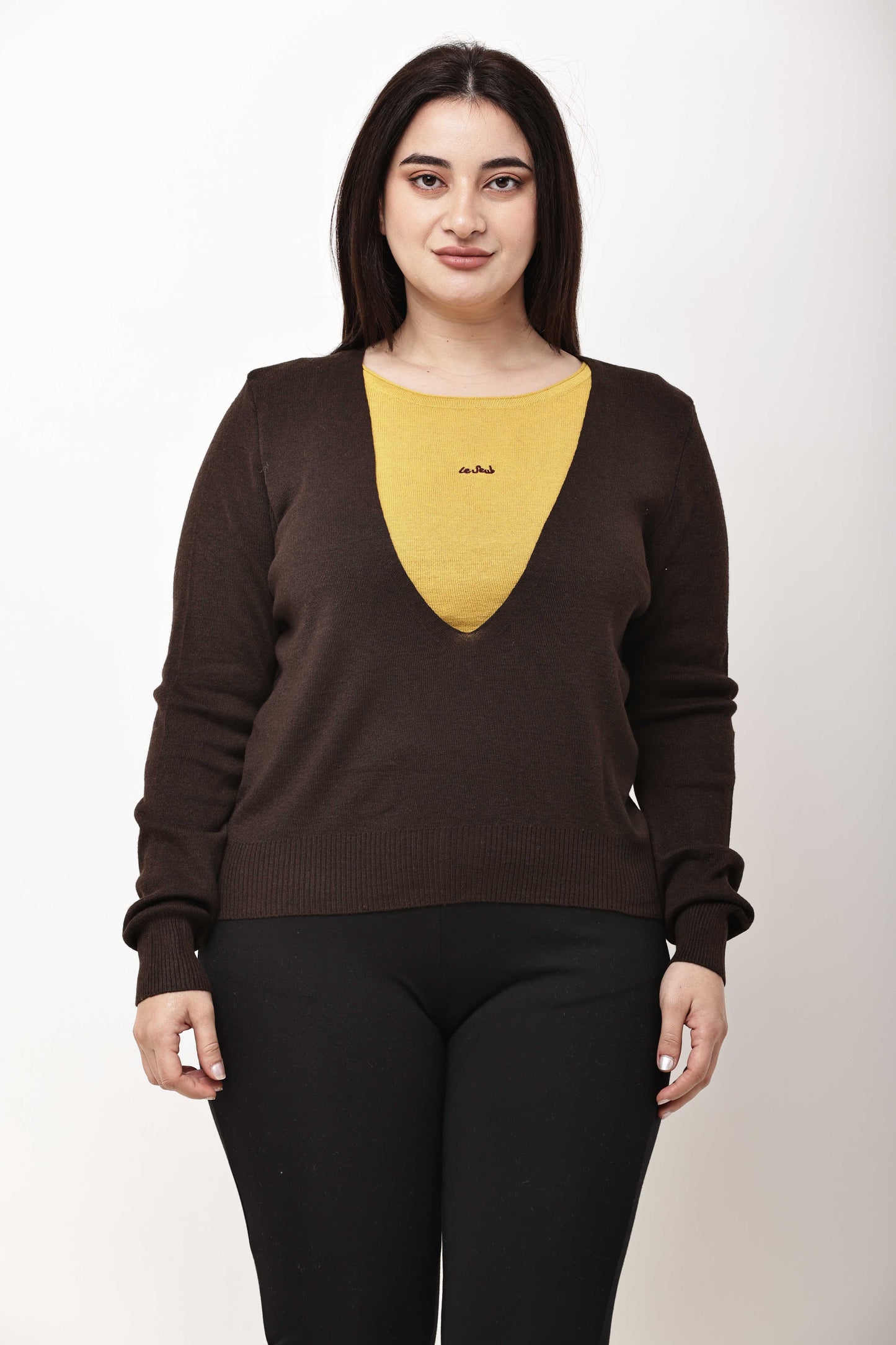 Dark Grey V-Neck Knit Sweater for Women | Winter Pullover Top