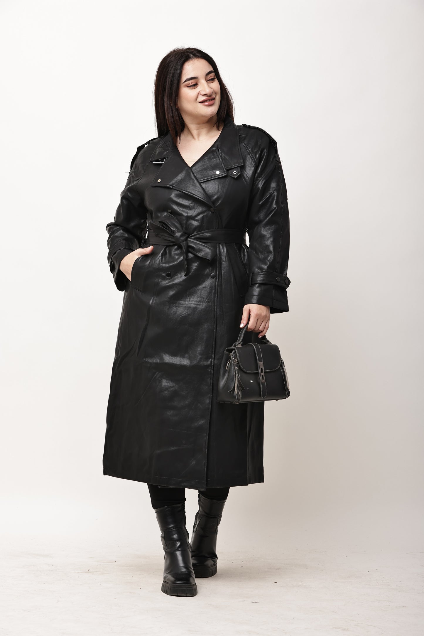 Korean Faux Leather Long Trench Coat for Women | Belted Winter Overcoat