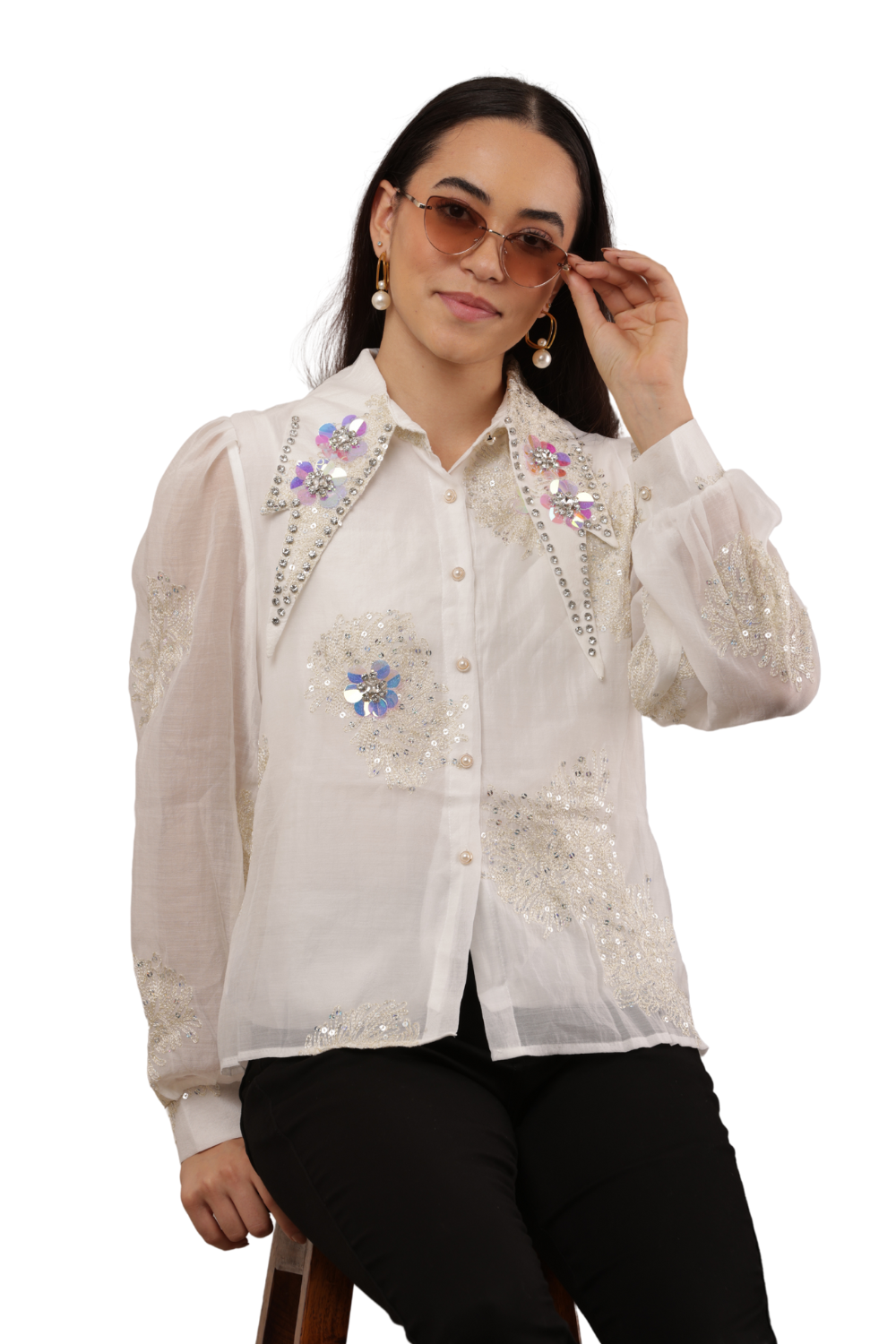 Embroidered Sheer Shirt with Floral Sequins Free Size – Korean Fashion