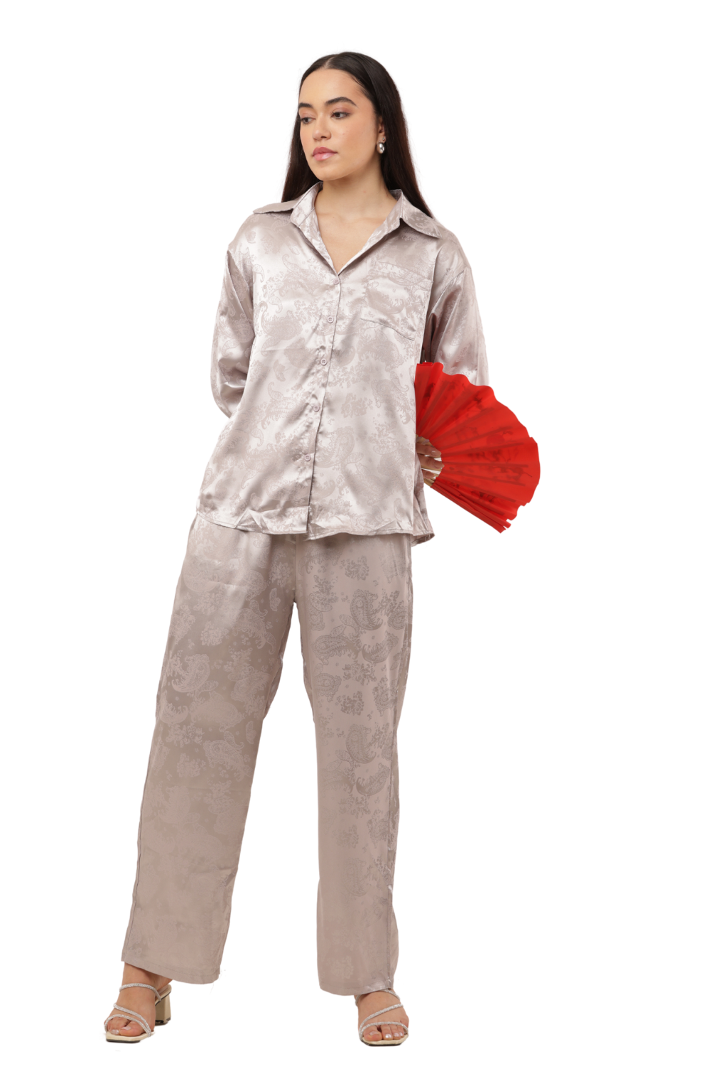 Elegant Satin Paisley Shirt and Trouser Co-ord Set