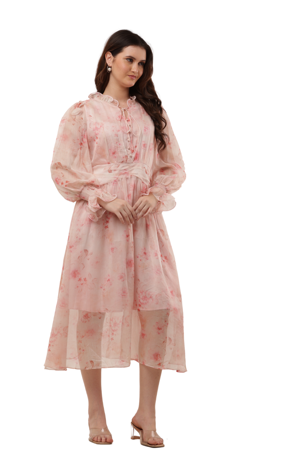 Elegant Floral Ruffle Midi Korean Dress – Sheer Organza | Korean Fashion Clothes